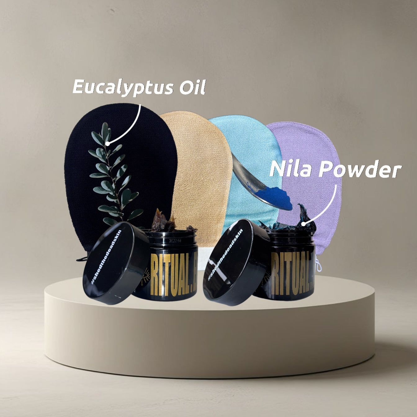 Set for Two: Eucalyptus & Nila Powder Moroccan Black Soaps & Glove
