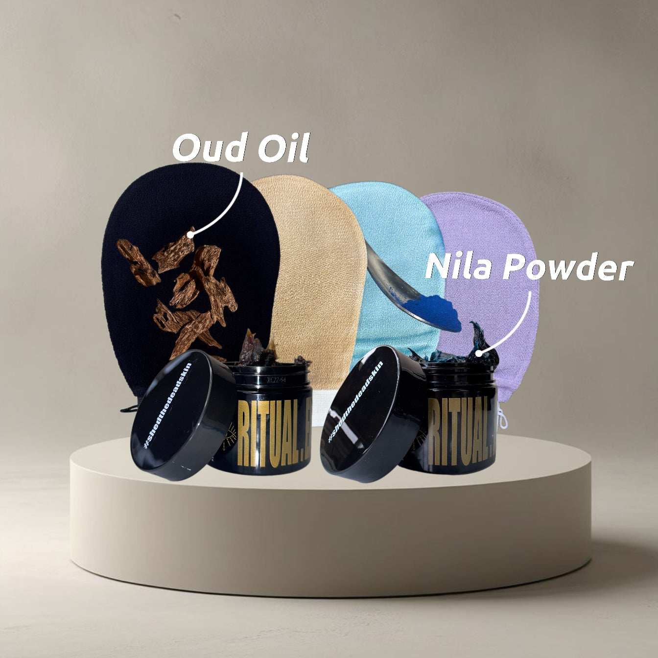 Set for Two: Oud & Nila Powder Moroccan Black Soaps & Glove