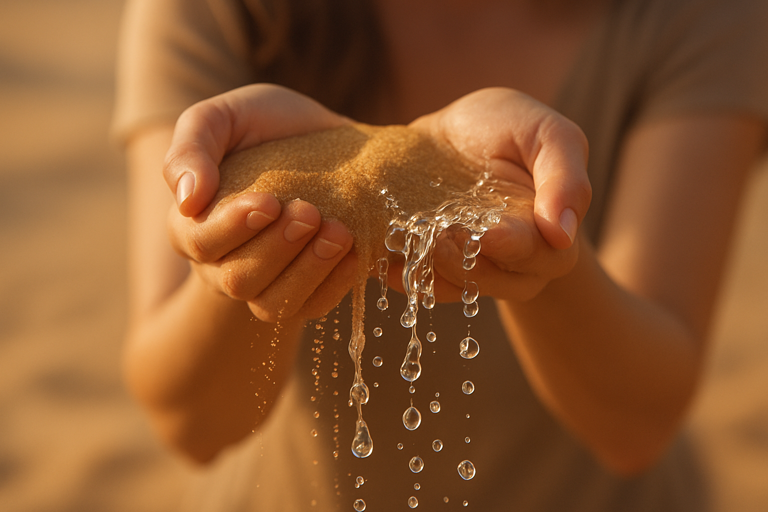 Desert sand help in a woman’s hand and turning to water when it drops down