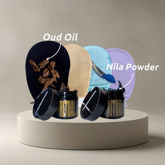 Set for Two: Oud & Nila Powder Moroccan Black Soaps & Glove